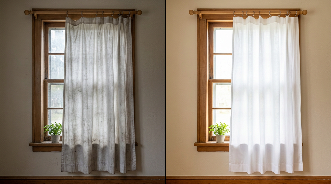 Cortina antes da limpeza profissional: tecido com poeira e desgaste